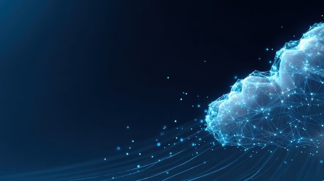 An abstract cloud composed of interconnected lines and luminous points dances across a deep blue canvas. ..Created with Generative AI, not depicting real subjects.