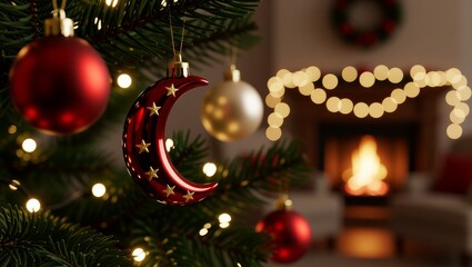 Christmas tree with red crescent ornament and fireplace