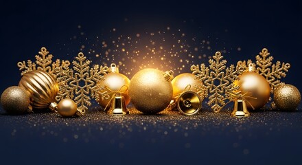 Elegant golden christmas ornaments and snowflakes with sparkling glitter on dark background
