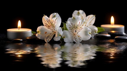 Create a Zen Oasis with White Flowers, Candles, and Smooth Stones Reflected in Water for a Calming Spa Experience at Home or in a Professional Setting
