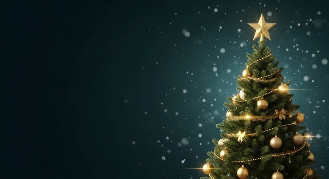 Elegant christmas tree with gold star and ornaments on dark teal background - Powered by Adobe