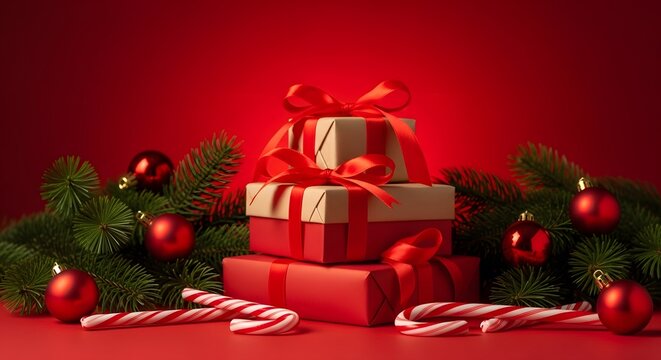 Festive christmas gifts stacked with candy canes and evergreen branches on red background