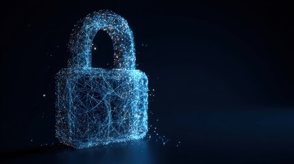 An artistic depiction of a digital padlock composed of interconnected particles, it embodies cybersecurity and data protection. ..Created with Generative AI, not depicting real subjects.