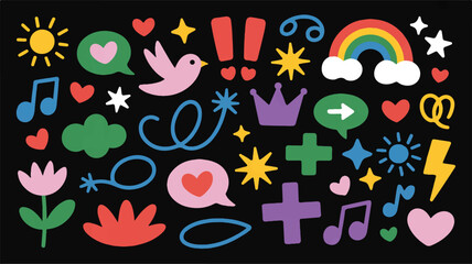 A vibrant collection of hand-drawn cartoon doodles and abstract shapes. Set of colorful elements like rainbows, hearts, and speech bubbles for design