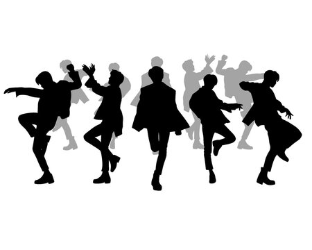 Male idol group silhouette, kpop idol dancing, icon isolated on white background, type 5
