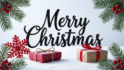 Merry Christmas greeting with snow gifts pine branches