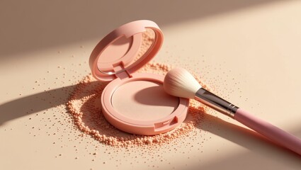 Pink makeup compact with brush and powder