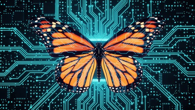 Monarch butterfly with circuit patterns on digital board