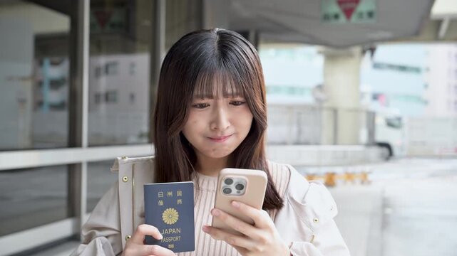 海外で迷子や遅刻、乗り遅れになったり困るパスポートを持つ女性　旅行先でのトラブルイメージの動画