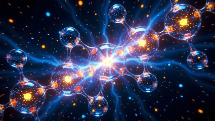 Glowing molecular structure with vibrant particles