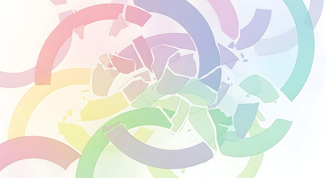 Abstract composition of fragmented pastel rainbow colored arcs.