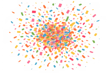 Colorful confetti bursting explosion, falling party elements on transparent background creating celebration design