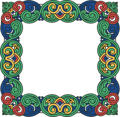 Transparent borders colorful ornate frame with intricate Celtic knotwork design in green, blue, red, and yellow, suitable for decorative purposes on a white background.