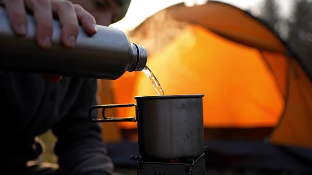 A person pours fresh water from a metal thermos into a steaming pot on a portable stove at a peaceful campsite during a relaxing outdoor adventure.
