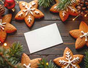 Cozy Christmas flat lay: gingerbread, fir branches, tinsel, and toys on dark wood. Blank white card for text in the center. Top view. Copy space for holiday greetings or invitation.Illustration