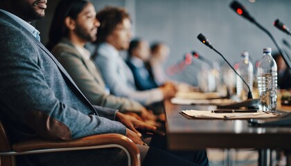 Business Meeting Participants Sitting at Conference Table with Microphones and Water Bottles