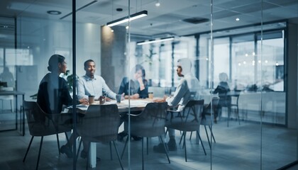 Business Meeting with Diverse Professionals Discussing Strategy in Modern Office Conference Room