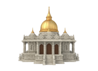 Ornate White Stone Temple With Golden Dome and Intricate Carvings Isolated on Black Background Full Shot