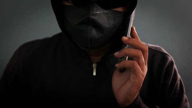 Phone Scammers, mysterious man with phone, cyber theft and fraud, mobile phone used for hacking, secret attacks on privacy