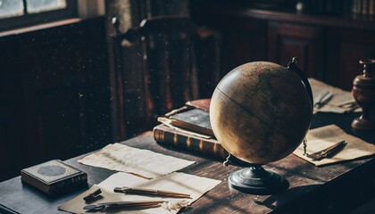 Classic Wooden Desk with Globe Books Papers and Pen in Vintage Office Setting