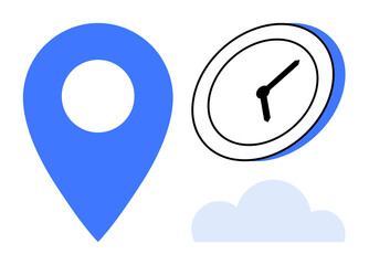 Blue location pin, clock showing time, and cloud evoke ideas of travel, time management, navigation, and technology. Ideal for scheduling, logistics, maps time tracking cloud services travel