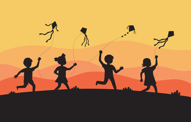 Silhouette of children flying kites at sunset with joyous atmosphere