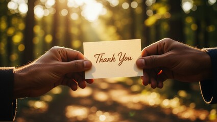 Hands exchanging thank you card in sunlit forest