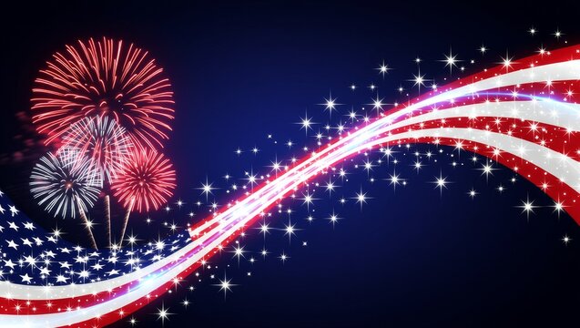 American flag and fireworks display at night - Powered by Adobe