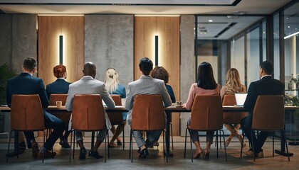 Business Meeting with Diverse Professionals Sitting at Conference Table in Modern Office
