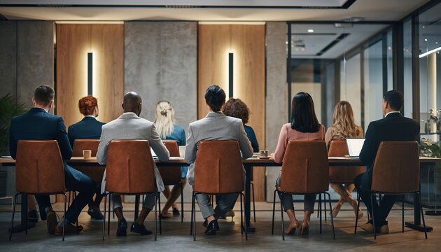 Business Meeting with Diverse Professionals Sitting at Conference Table in Modern Office - Powered by Adobe