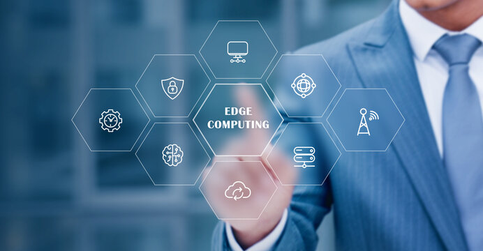 A businessman interacts with a digital edge computing interface representing faster data processing, IoT connectivity, network efficiency, and modern distributed technology solutions.