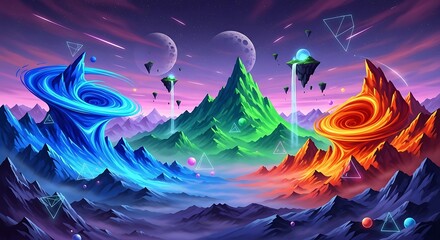 Fantasy landscape with vibrant colors of mountains swirling elements and floating islands