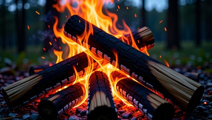 Campfire burning logs in forest at night