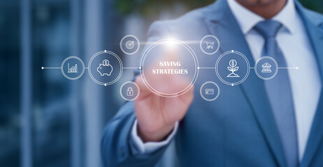 A businessman interacts with a digital saving strategies interface focused on financial planning, budget management, wealth growth, and modern money-saving techniques in a corporate setting.