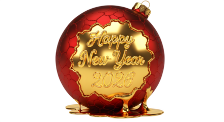 Red and gold happy new year ornament isolated on transparent background