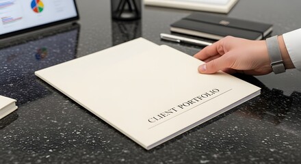 Business professional presenting a client portfolio on a dark office desk, showcasing financial advisory and investment services