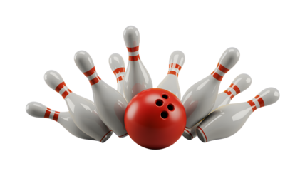 A red bowling ball surrounded by white bowling pins with red stripes on a black background