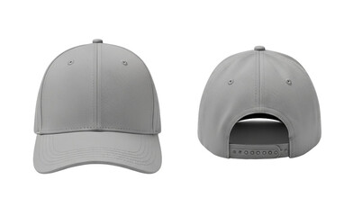 Blank grey baseball cap with front and back views, perfect for customizable apparel mockups