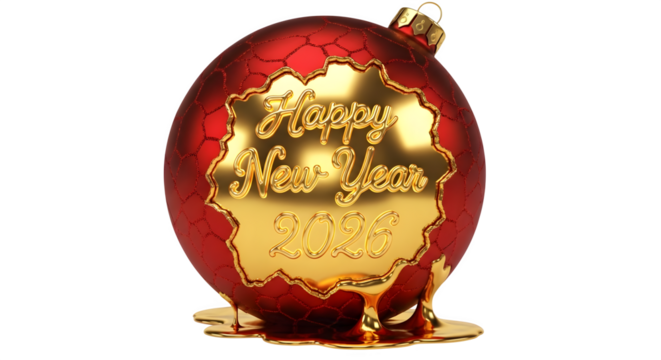 Red and gold happy new year ornament isolated on transparent background