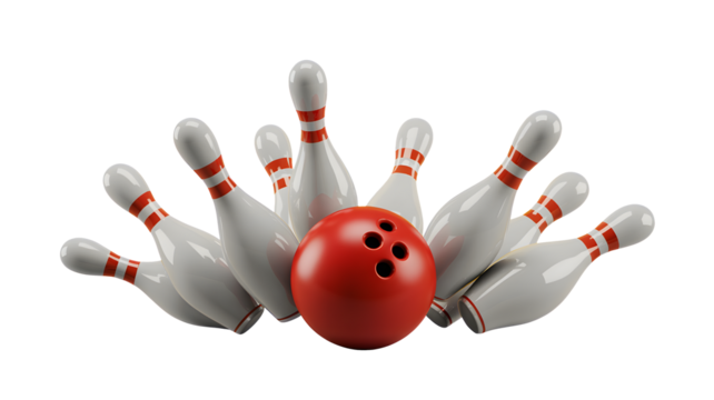 A red bowling ball surrounded by white bowling pins with red stripes on a black background