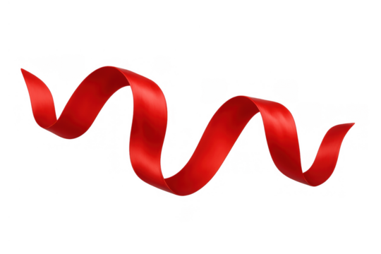 Red satin ribbon curling and swirling for celebration, gift decoration, festive event, and holiday design elements on transparent background