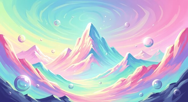 Fantasy mountain landscape with swirling sky and floating orbs illustration