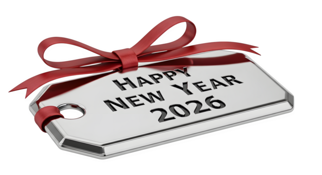 Happy new year 2026 tag with red ribbon isolated on transparent background