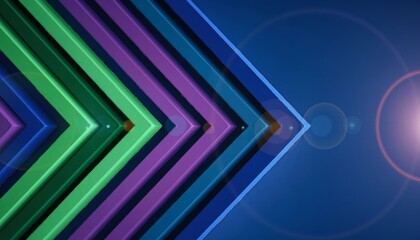 Colorful Neon Arrows on Blue Background with Lens Flare and Light Effects