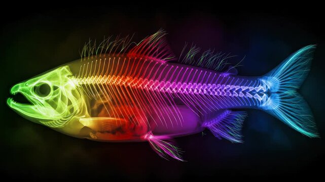 Vibrant rainbow fish bones shimmering on a black background creating an enchanting visual display