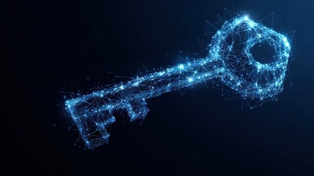 A luminous digital key is created by connecting countless twinkling lights on a dark background. ..Created with Generative AI, not depicting real subjects.