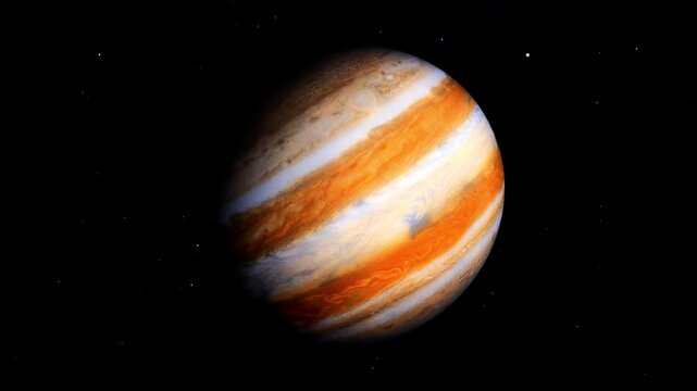 Realistic 4K video animation of Planet Jupiter rotating in deep space. Detailed looping view of the spinning gas giant with the Great Red Spot and turbulent cloud bands against a starry background.