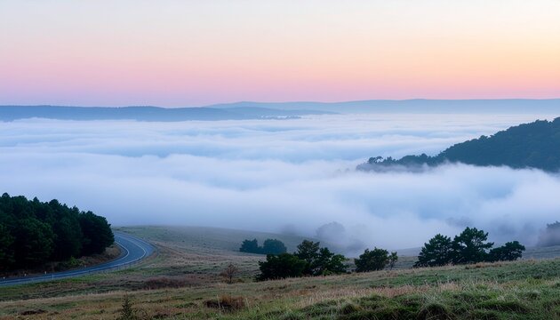 Landscape with fog mountains and a winding road. Ideal for travel brochures, outdoor adventure websites, or naturethemed marketing materials.
