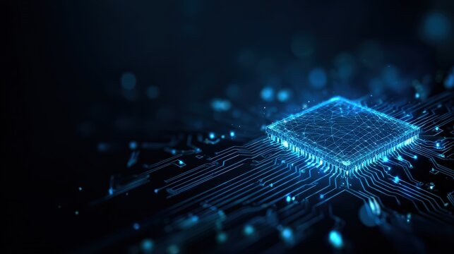 A futuristic depiction of a CPU illuminates, its circuits pulsating with a vibrant blue glow. ..Created with Generative AI, not depicting real subjects.