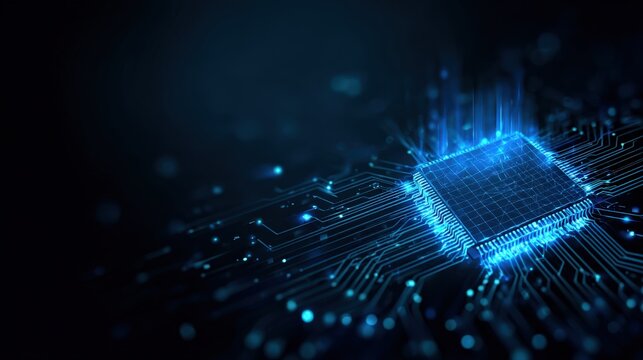 A close-up shot captures the intricate detail of a modern CPU chip, illuminated by the vibrant glow of digital activity. ..Created with Generative AI, not depicting real subjects.